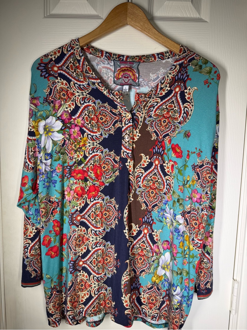 Johnny Was Teal & Navy Floral Paisley Long-Sleeve Top Sz Large